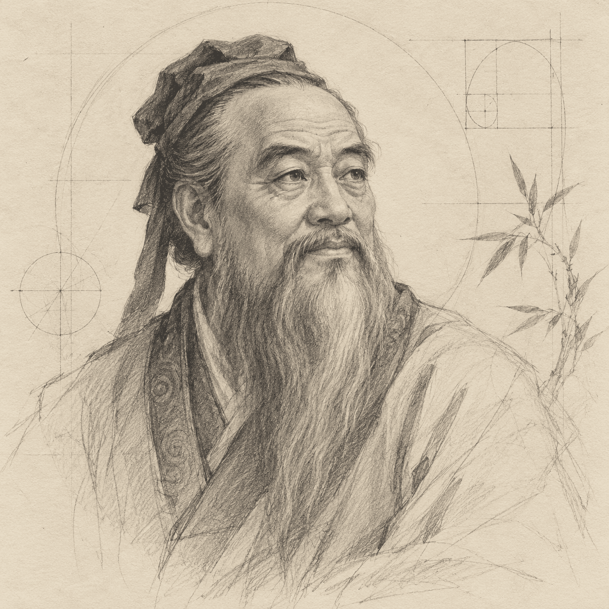 An imagined graphite portrait of Confucius in traditional robes, with a long beard, geometric sketches, and bamboo on warm paper.