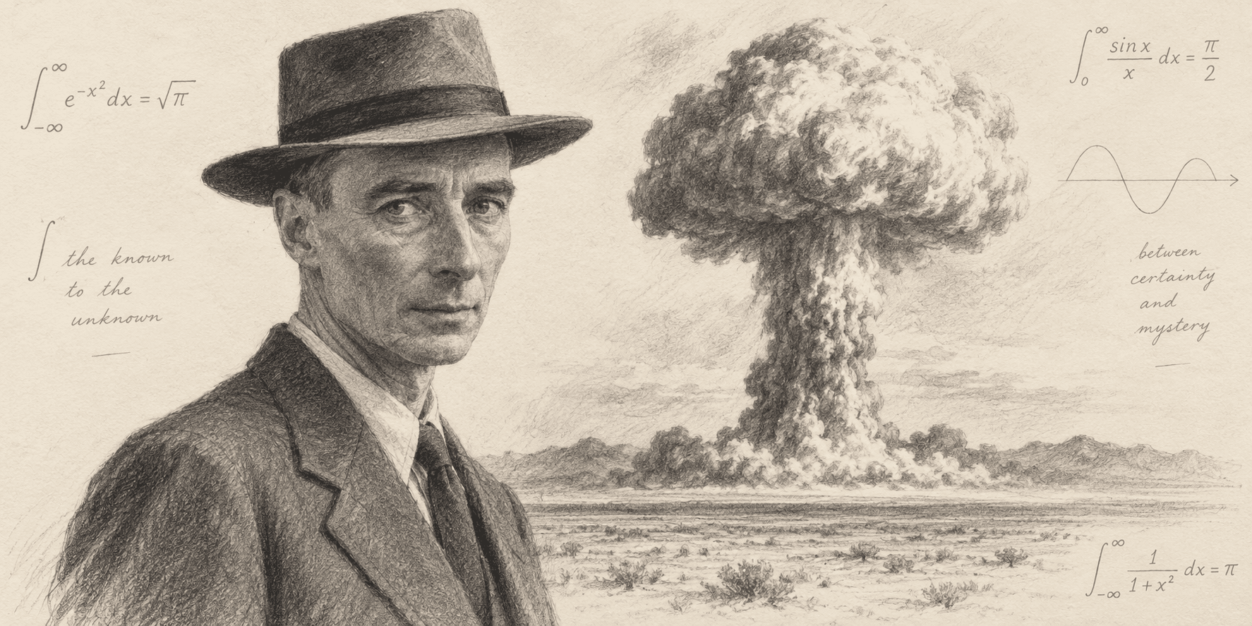 Wide graphite sketch of J. Robert Oppenheimer in a hat and suit, with an atomic bomb exploding into a mushroom cloud behind him over an empty desert.