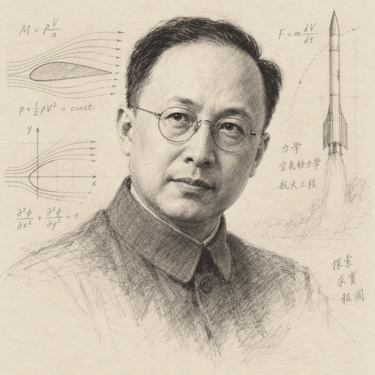 Pencil portrait of Chinese aerospace engineer Qian Xuesen, with airflow diagrams, coordinate axes, and a rocket sketch in the margins.